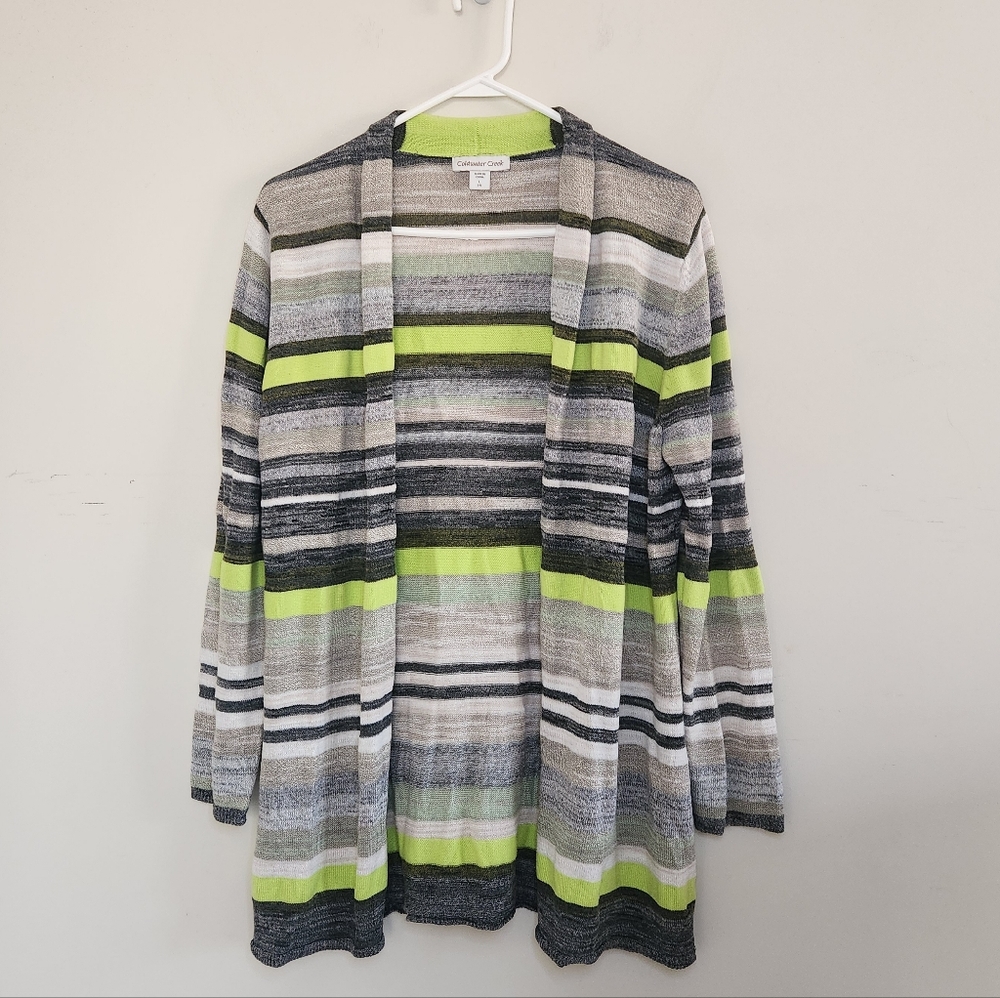 Women's Coldwater Creek Green Striped Cardigan Sweater Sz Lg